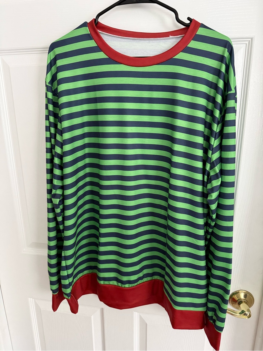 Striped Long-Sleeve Blouse in Green and Navy with Red Trim. Brand new & size XL
